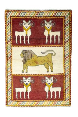 Full view of 2000s Persian Gabbeh rug from Iran / Persia, 157 × 108 cm in Red tones