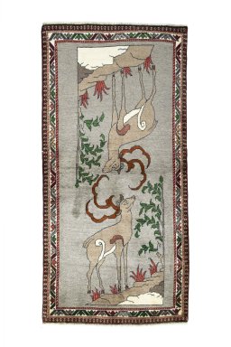 Full view of 2000s Persian Gabbeh rug from Iran / Persia, 208 × 101 cm in Gray tones