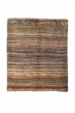 Full view of 2000s Persian Gabbeh rug from Iran / Persia, 185 × 155 cm in Multi Color tones