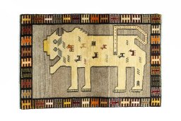 Full view of 2000s Persian Gabbeh rug from Iran / Persia, 150 × 100 cm in Brown tones