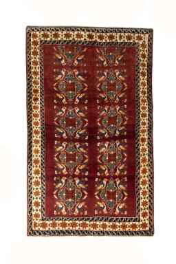 Full view of 2000s Persian Gabbeh rug from Iran / Persia, 233 × 141 cm in Red tones