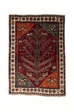 Full view of 2000s Persian Gabbeh rug from Iran / Persia, 197 × 141 cm in Red tones