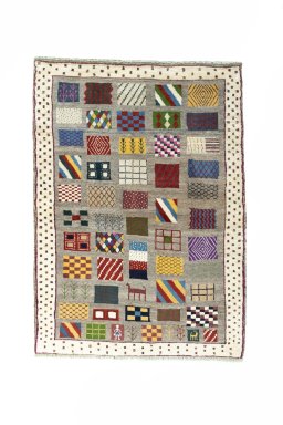 Full view of 2000s Persian Gabbeh rug from Iran / Persia, 150 × 107 cm in Multi Color tones