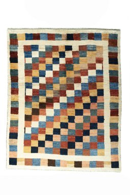 Full view of 2000s Persian Gabbeh rug from Iran / Persia, 185 × 150 cm in Multi Color tones
