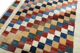 Backside of handmade 2000s Persian Gabbeh rug showing knot structure and weave density