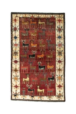 Full view of 2000s Persian Gabbeh rug from Iran / Persia, 243 × 150 cm in Red tones