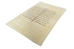 Corner detail of New Persian Gabbeh rug showing border pattern and Wool pile
