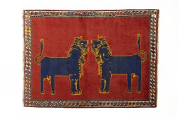 Full view of 2000s Persian Gabbeh rug from Iran / Persia, 183 × 134 cm in Red tones