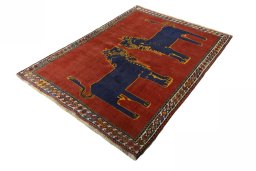 Corner detail of 2000s Persian Gabbeh rug showing border pattern and Wool pile