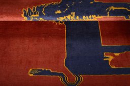 Full view of 2000s Persian Gabbeh rug from Iran / Persia, 183 × 134 cm in Red tones