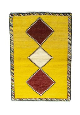 Full view of 2000s Persian Gabbeh rug from Iran / Persia, 147 × 101 cm in Yellow tones