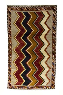Full view of 2000s Persian Gabbeh rug from Iran / Persia, 211 × 123 cm in Multi Color tones