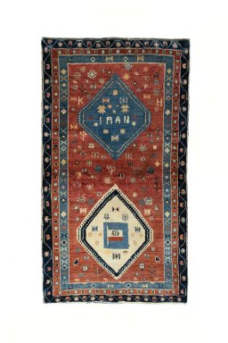 Full view of 2000s Persian Gabbeh rug from Iran / Persia, 190 × 107 cm in Red tones