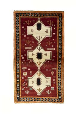 Full view of 2000s Persian Gabbeh rug from Iran / Persia, 203 × 112 cm in Red tones