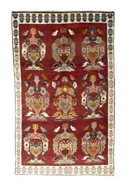 Full view of 2000s Persian Gabbeh rug from Iran / Persia, 244 × 150 cm in Red tones