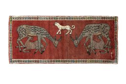 Full view of 2000s Persian Gabbeh rug from Iran / Persia, 184 × 80 cm in Red tones