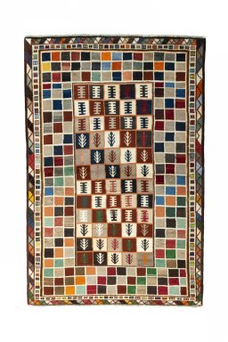 Full view of 2000s Persian Gabbeh rug from Iran / Persia, 200 × 133 cm in Multi Color tones