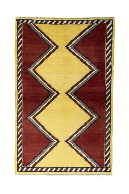 Full view of 2000s Persian Gabbeh rug from Iran / Persia, 167 × 105 cm in Red tones