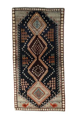 Full view of 2000s Persian Gabbeh rug from Iran / Persia, 222 × 111 cm in Blue tones