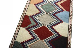 Backside of handmade 2000s Persian Gabbeh rug showing knot structure and weave density