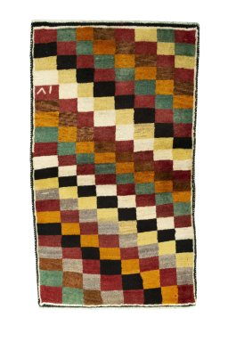 Full view of 2000s Persian Gabbeh rug from Iran / Persia, 143 × 82 cm in Multi Color tones