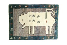 Full view of 2000s Persian Gabbeh rug from Iran / Persia, 142 × 103 cm in Multi Color tones