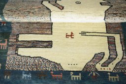 Full view of 2000s Persian Gabbeh rug from Iran / Persia, 142 × 103 cm in Multi Color tones