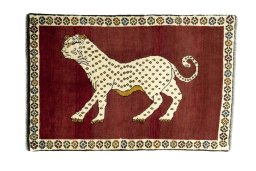 Full view of 2000s Persian Gabbeh rug from Iran / Persia, 127 × 83 cm in Red tones