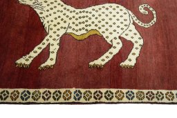 Close-up detail of 2000s Persian Gabbeh rug from Iran / Persia showing Wool weave