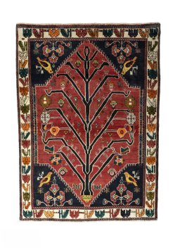Full view of 2000s Persian Gabbeh rug from Iran / Persia, 190 × 137 cm in Red tones