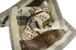 Corner detail of New Persian Gabbeh rug showing border pattern and Wool pile