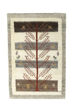 Full view of New Persian Gabbeh rug from Iran / Persia, 125 × 85 cm in Beige tones
