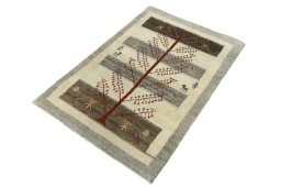 Corner detail of New Persian Gabbeh rug showing border pattern and Wool pile