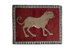 Full view of 2000s Persian Gabbeh rug from Iran / Persia, 110 × 86 cm in Red tones