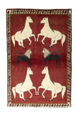 Full view of 2000s Persian Gabbeh rug from Iran / Persia, 188 × 125 cm in Red tones