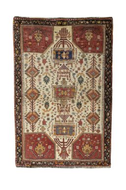 Full view of 2000s Persian Gabbeh rug from Iran / Persia, 150 × 100 cm in Beige tones