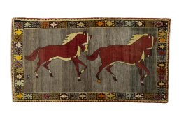 Full view of 2000s Persian Gabbeh rug from Iran / Persia, 186 × 100 cm in Gray tones