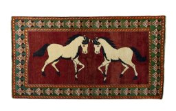 Full view of 2000s Persian Gabbeh rug from Iran / Persia, 245 × 135 cm in Red tones