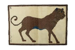 Full view of 2000s Persian Gabbeh rug from Iran / Persia, 155 × 108 cm in Beige tones