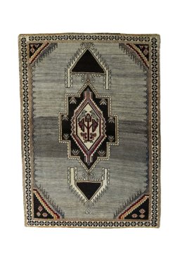Full view of 2000s Persian Gabbeh rug from Iran / Persia, 176 × 127 cm in Gray tones