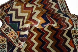 Corner detail of 2000s Persian Gabbeh rug showing border pattern and Wool pile