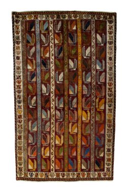 Full view of 2000s Persian Gabbeh rug from Iran / Persia, 211 × 127 cm in Red tones