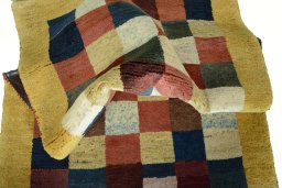 Corner detail of New Persian Gabbeh rug showing border pattern and Wool pile