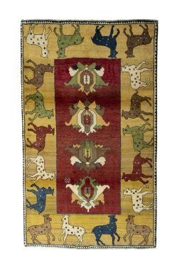 Full view of 2000s Persian Gabbeh rug from Iran / Persia, 229 × 135 cm in Red tones
