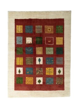 Full view of New Persian Gabbeh rug from Iran / Persia, 246 × 179 cm in Red tones