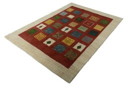 Corner detail of New Persian Gabbeh rug showing border pattern and Wool pile