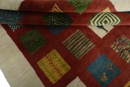 Full view of New Persian Gabbeh rug from Iran / Persia, 246 × 179 cm in Red tones