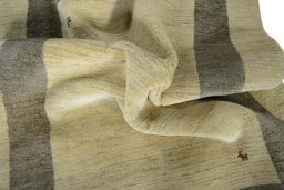 Corner detail of New Persian Gabbeh rug showing border pattern and Wool pile