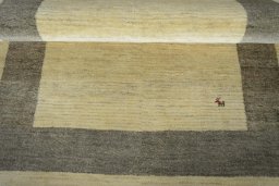 Full view of New Persian Gabbeh rug from Iran / Persia, 203 × 144 cm in Beige tones