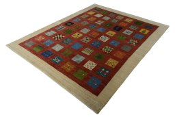 Corner detail of New Persian Gabbeh rug showing border pattern and Wool pile